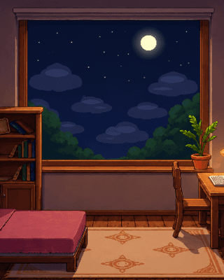 Ottie’s pixel-art bedroom at night, lit by the moon